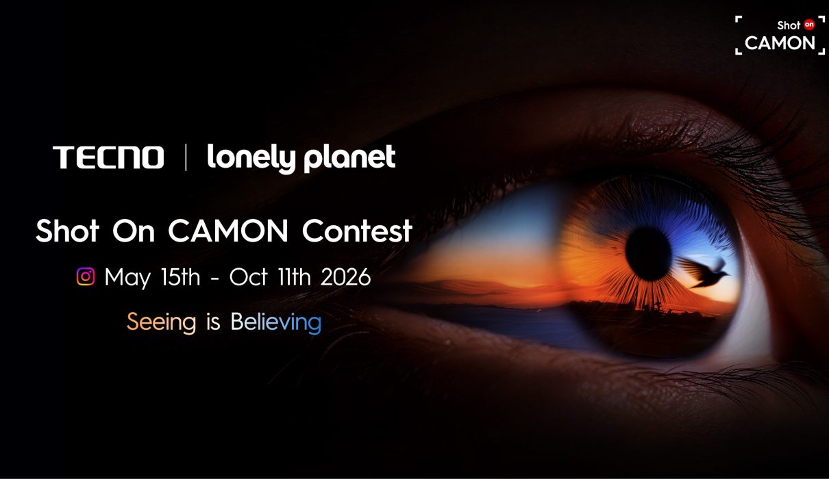 TECNO and Lonely Planet Shot On CAMON Contest 2026 banner showcasing the theme ‘Seeing is Believing’ with a close-up of an eye reflecting a sunset landscape and a flying bird, promoting global smartphone photography competition.