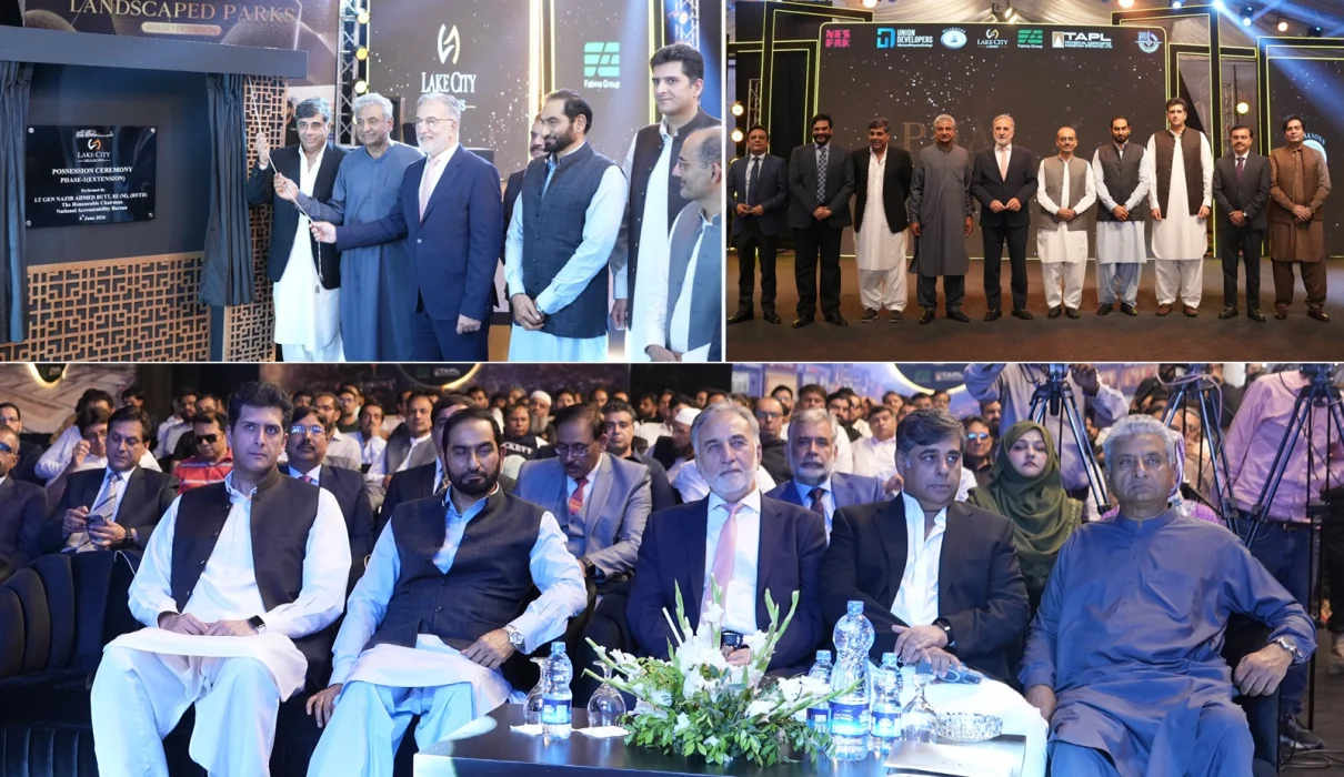Officials and consortium representatives at Lake City Meadows Phase 1 Extension handover ceremony, including Chairman NAB Lt. Gen. (R) Nazir Ahmed Butt, project developers, and plot owners, marking the formal commencement of possession for residential plots.