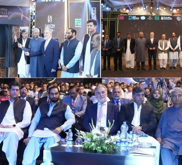 Officials and consortium representatives at Lake City Meadows Phase 1 Extension handover ceremony, including Chairman NAB Lt. Gen. (R) Nazir Ahmed Butt, project developers, and plot owners, marking the formal commencement of possession for residential plots.