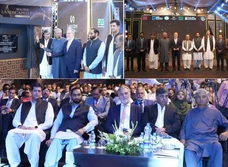 Officials and consortium representatives at Lake City Meadows Phase 1 Extension handover ceremony, including Chairman NAB Lt. Gen. (R) Nazir Ahmed Butt, project developers, and plot owners, marking the formal commencement of possession for residential plots.