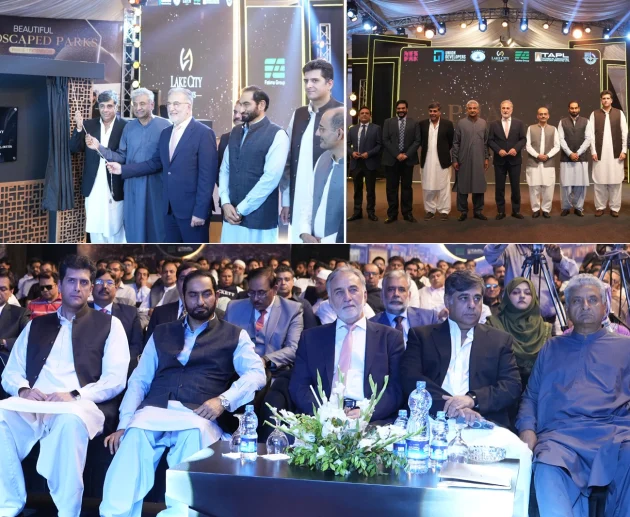 Officials and consortium representatives at Lake City Meadows Phase 1 Extension handover ceremony, including Chairman NAB Lt. Gen. (R) Nazir Ahmed Butt, project developers, and plot owners, marking the formal commencement of possession for residential plots.