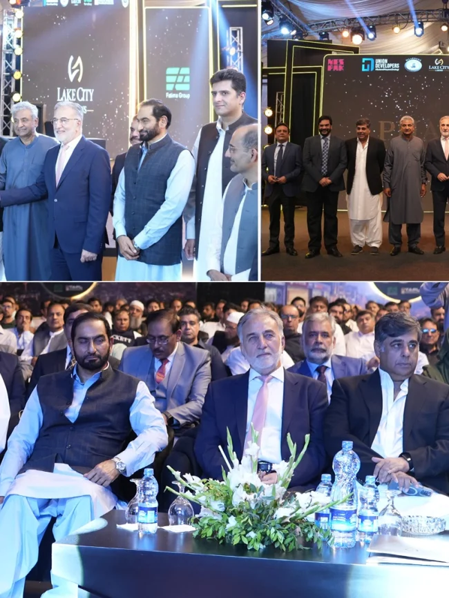 Officials and consortium representatives at Lake City Meadows Phase 1 Extension handover ceremony, including Chairman NAB Lt. Gen. (R) Nazir Ahmed Butt, project developers, and plot owners, marking the formal commencement of possession for residential plots.