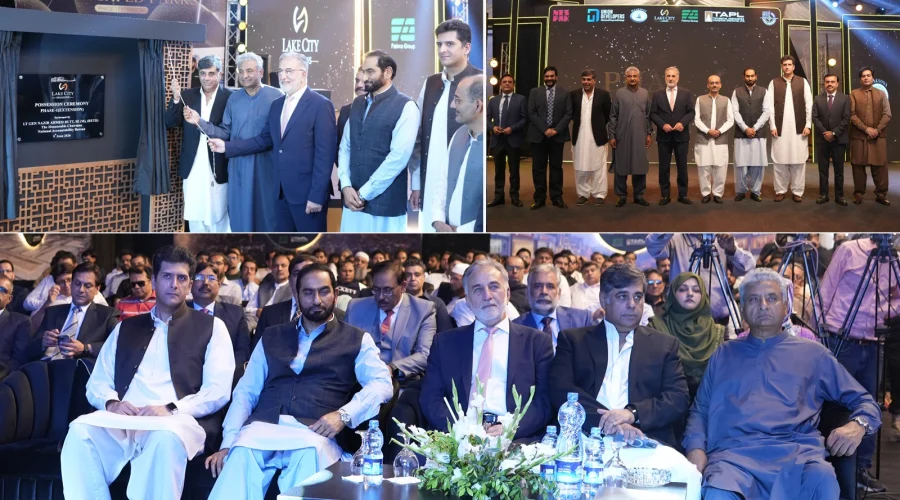 Officials and consortium representatives at Lake City Meadows Phase 1 Extension handover ceremony, including Chairman NAB Lt. Gen. (R) Nazir Ahmed Butt, project developers, and plot owners, marking the formal commencement of possession for residential plots.