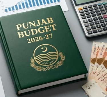 Punjab Budget 2026-27 document placed on a desk alongside Pakistani currency notes, a calculator, a notebook, and financial charts, representing fiscal planning, development allocations, and budget preparation for the province.