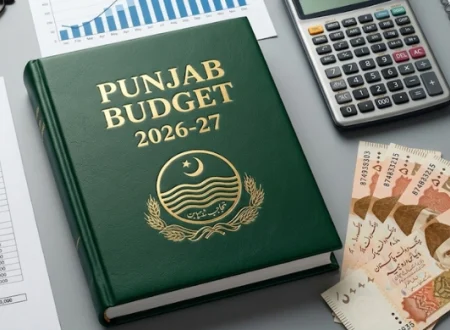Punjab Budget 2026-27 document placed on a desk alongside Pakistani currency notes, a calculator, a notebook, and financial charts, representing fiscal planning, development allocations, and budget preparation for the province.