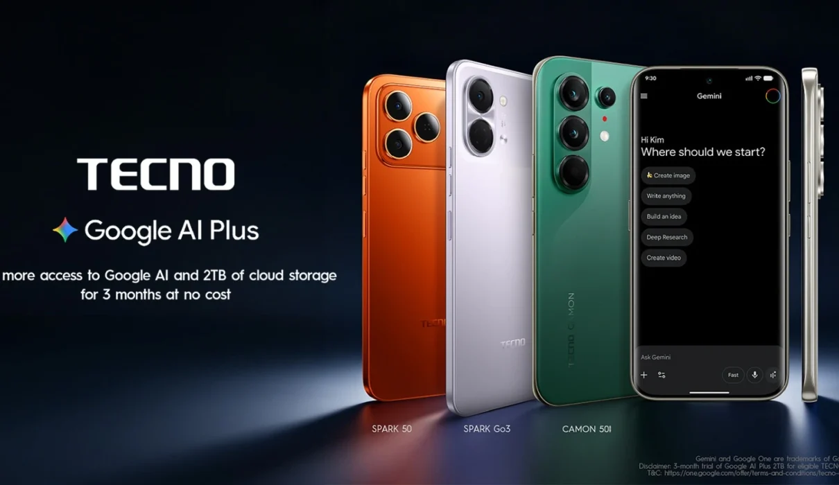 A lineup of TECNO smartphones including SPARK 50, SPARK Go3, and CAMON 50i, showing the Google AI Plus interface on one phone, highlighting the 3-month free trial with 2 TB cloud storage and AI-powered features for eligible devices.