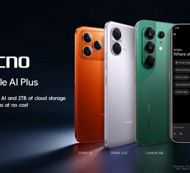 A lineup of TECNO smartphones including SPARK 50, SPARK Go3, and CAMON 50i, showing the Google AI Plus interface on one phone, highlighting the 3-month free trial with 2 TB cloud storage and AI-powered features for eligible devices.