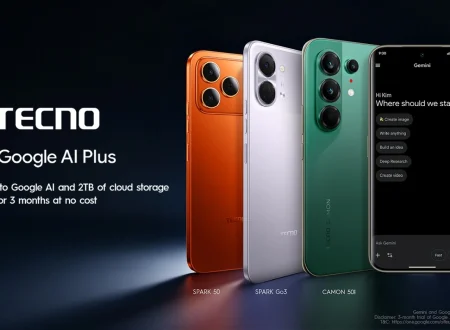 A lineup of TECNO smartphones including SPARK 50, SPARK Go3, and CAMON 50i, showing the Google AI Plus interface on one phone, highlighting the 3-month free trial with 2 TB cloud storage and AI-powered features for eligible devices.
