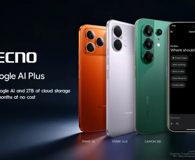 A lineup of TECNO smartphones including SPARK 50, SPARK Go3, and CAMON 50i, showing the Google AI Plus interface on one phone, highlighting the 3-month free trial with 2 TB cloud storage and AI-powered features for eligible devices.