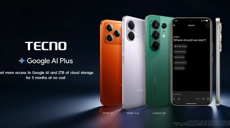 A lineup of TECNO smartphones including SPARK 50, SPARK Go3, and CAMON 50i, showing the Google AI Plus interface on one phone, highlighting the 3-month free trial with 2 TB cloud storage and AI-powered features for eligible devices.