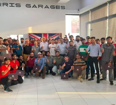 MG Motor Pakistan dealership technicians receiving hands-on hybrid vehicle battery training as part of nationwide after-sales readiness for MG HS Hybrid+ and MG HS Super Hybrid.