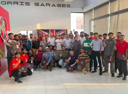 MG Motor Pakistan dealership technicians receiving hands-on hybrid vehicle battery training as part of nationwide after-sales readiness for MG HS Hybrid+ and MG HS Super Hybrid.