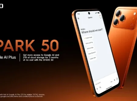 TECNO SPARK 50 smartphone featuring Google AI Plus with 2TB cloud storage offer for eligible users.