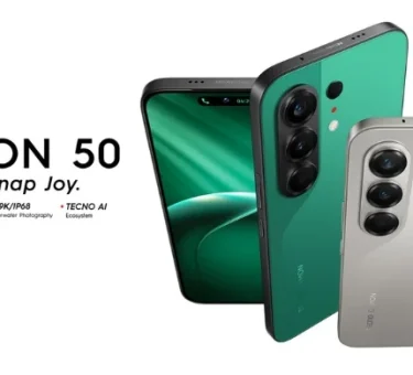 TECNO CAMON 50 smartphone shown with 50MP Sony camera, IP69K/IP68 protection and TECNO AI features, highlighting its premium all-rounder smartphone capabilities.