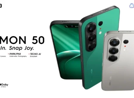 TECNO CAMON 50 smartphone shown with 50MP Sony camera, IP69K/IP68 protection and TECNO AI features, highlighting its premium all-rounder smartphone capabilities.