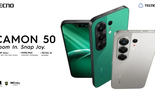 TECNO CAMON 50 smartphone shown with 50MP Sony camera, IP69K/IP68 protection and TECNO AI features, highlighting its premium all-rounder smartphone capabilities.