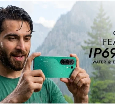 Man using TECNO CAMON 50 in the rain, highlighting its IP68/IP69K water and dust resistance for monsoon photography and outdoor content creation.