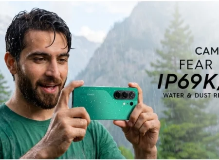 Man using TECNO CAMON 50 in the rain, highlighting its IP68/IP69K water and dust resistance for monsoon photography and outdoor content creation.