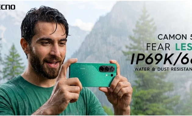 Man using TECNO CAMON 50 in the rain, highlighting its IP68/IP69K water and dust resistance for monsoon photography and outdoor content creation.