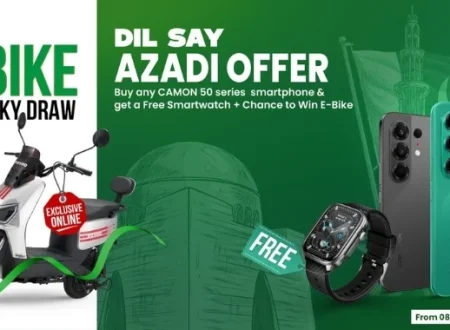 TECNO Dil Say Azadi Offer featuring CAMON 50 Series smartphones, free smartwatch, and online lucky draw chance to win a Revoo e-bike.