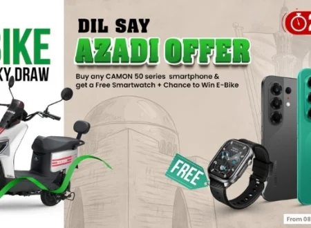 TECNO CAMON 50 Series Dil Say Azadi offer with free smartwatch and chance to win Revoo Y06 electric bike through lucky draw