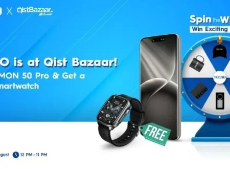 TECNO Qist Bazaar Expo banner highlighting the CAMON 50 Pro free smartwatch offer and Spin the Wheel activity with exciting prizes.