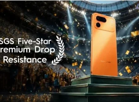 TECNO SPARK 50 Pro showcased with SGS Five-Star Premium Drop Resistance certification, highlighting its durable design for everyday use.