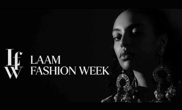LAAM Fashion Week Season 2 promotional image featuring a black-and-white fashion portrait and official logo ahead of the October 23–26, 2026 event in Lahore.
