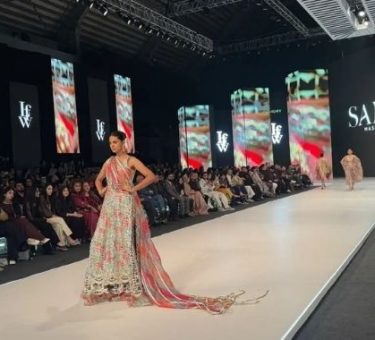 Model walks the runway wearing an embroidered outfit from Sania Maskatiya’s LALEH collection at LAAM Fashion Week Season 2 Day 1 in Lahore, 2026.