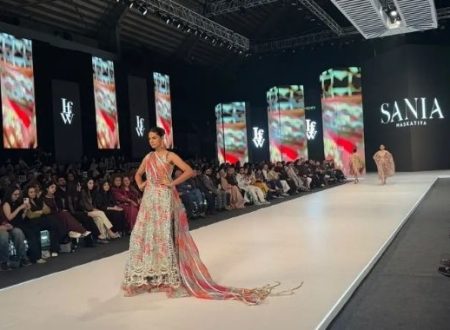 Model walks the runway wearing an embroidered outfit from Sania Maskatiya’s LALEH collection at LAAM Fashion Week Season 2 Day 1 in Lahore, 2026.