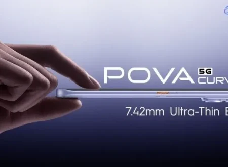TECNO POVA Curve 2 5G shown with its 7.42mm ultra-thin curved body, highlighting the slim “Beauty” side of its Beauty and Beast design concept.